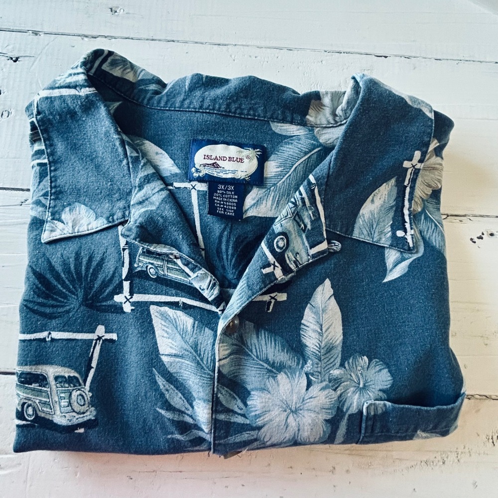 Island Blue 3X Hawaiian Shirt‎ Surfboard Car Floral Print Button Down Aloha